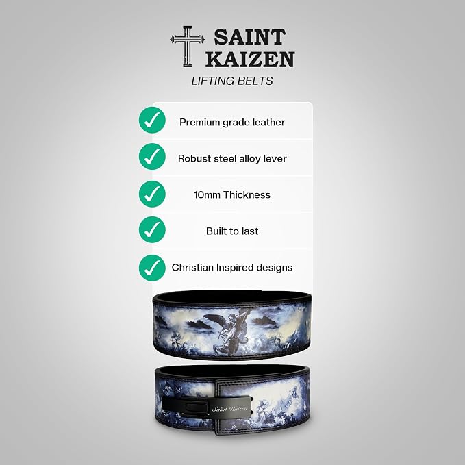 SAINT KAIZEN Crusader Cross Lever Belt for Weightlifting, Powerlifting | , and Bodybuilding, 10mm Thick Leather with Steel Lever Buckle, Sleek Christian-Inspired Design