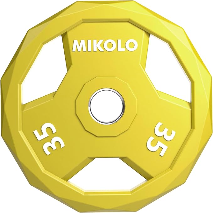 Mikolo Olympic Weights Set 2-Inch Rubber Coated Plates, 12-Sided Non-Roll Weight Plates Grip with 3 Handles for Home Gym, Strength Training, Single, Pair and Sets(5/10/15/25/35/45 LB)