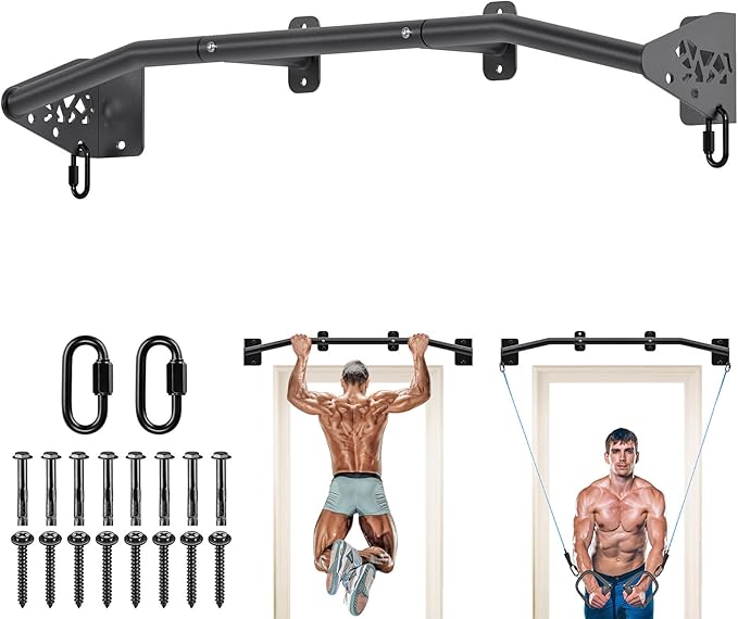 SELEWARE 32"/36" Wall Mount Pull Up Bar Joist Mount Chin Up Bar for Doorway | Heavy Duty Steel Construction Support 450 lb, w/Resistance Band Hooks, Fits 32"/36" Wall Studs for Home Gym Strength Training