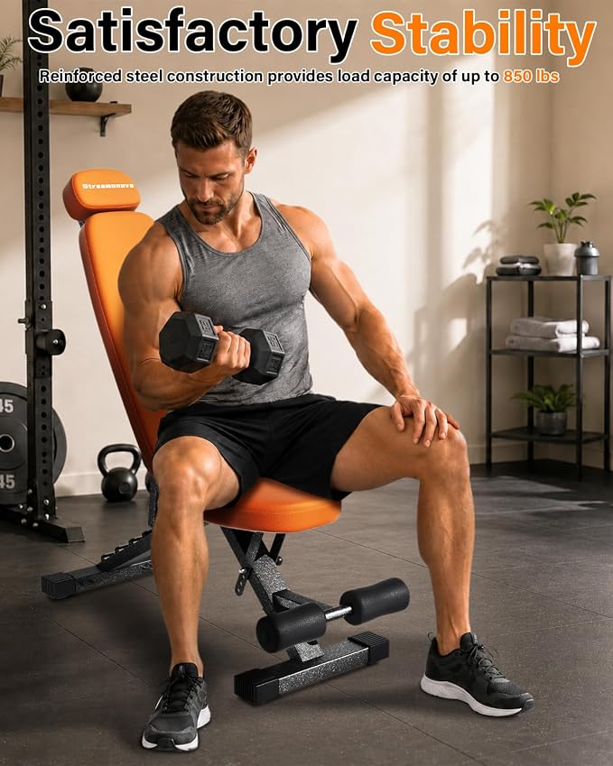 Fitness Bench, Adjustable, Comfortable, Fashionable, Foldable and Extended Headrest with 192 Positions Incline Decline 900LBS Home Gym Bench for Strength Training