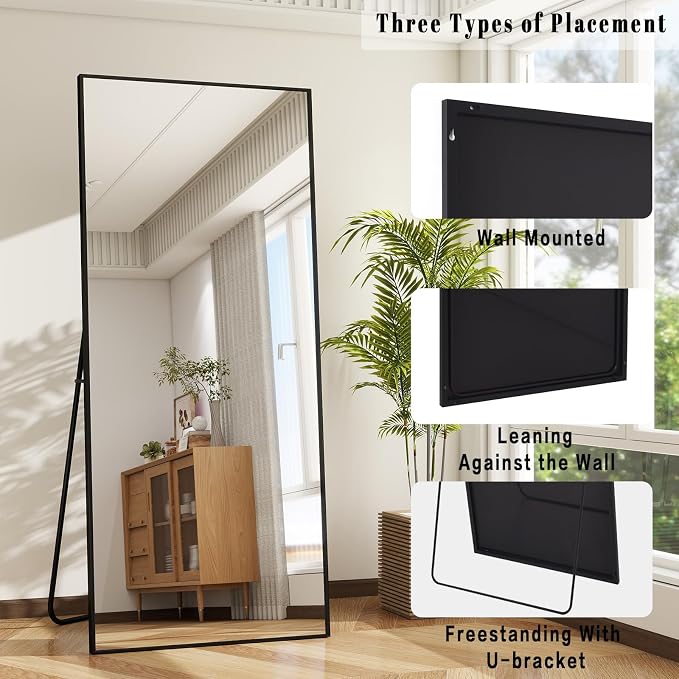 BEAUTYPEAK Full Length Mirror with Stand, 65"x24" Floor Mirror | ShatterVue Tempered Full Body Mirrors with Aluminum Alloy Thin Frame, Standing or Wall-Mounted Mirrors for Living Room, Black