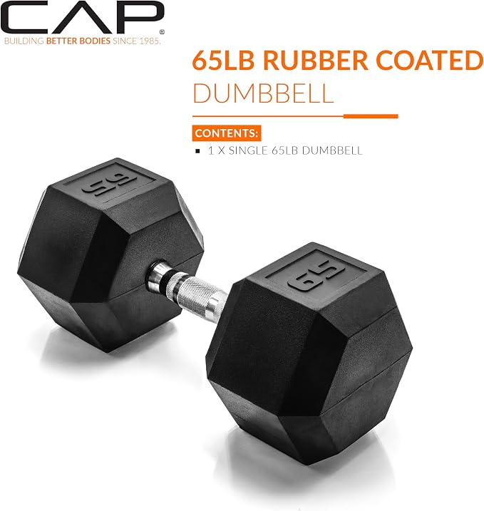 CAP Rubber Coated Dumbbell Weights, Free Weights for Home Gym Strength Training, Anti-Roll Hex Dumbbells with Black, Chrome & Comfort Grip Handles, Singles