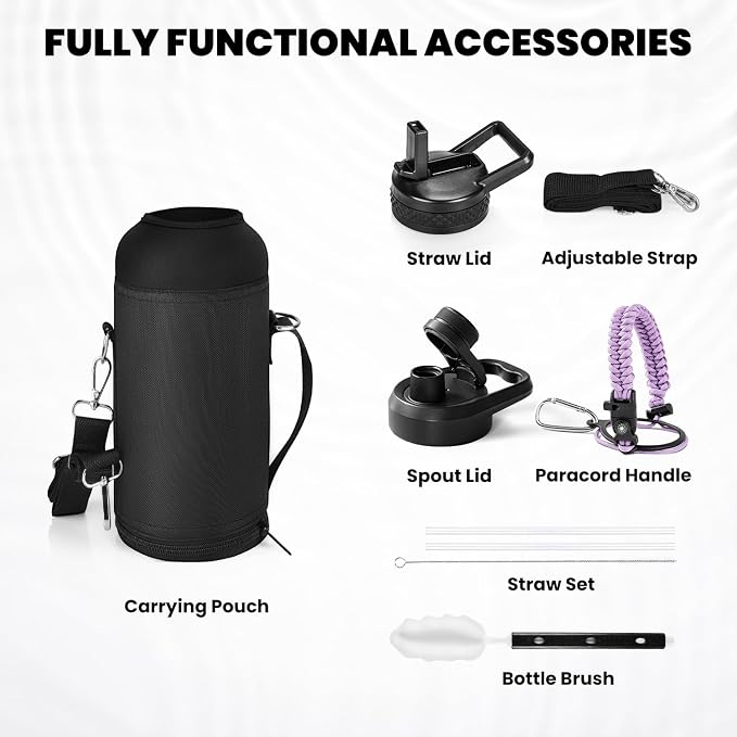 RAYMYLO Insulated Water Bottle 32 oz, Triple Wall Vacuum Stainless Steel | (Cold for 24Hrs, Hot for 12Hrs), Leak Proof & Non-BPA, Modern Water Flask Jug with Paracord Handle & Straw Spout Lids