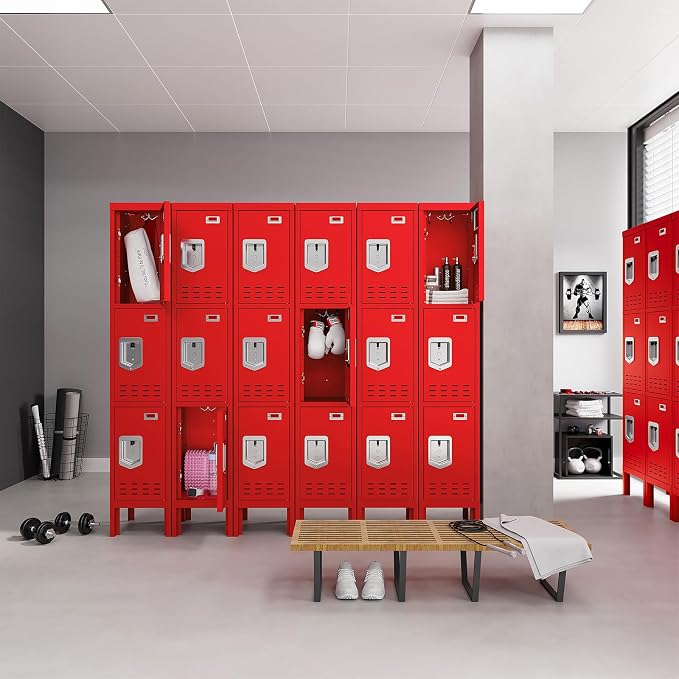 BUTISOW Metal Storage Locker with Lock & Card Slot Locker - Secure Lockable Door - Steel Locker for School, Office, Gym, Home - 66.15" H x 11.8" W x 11.8" D（2 Door, Red）