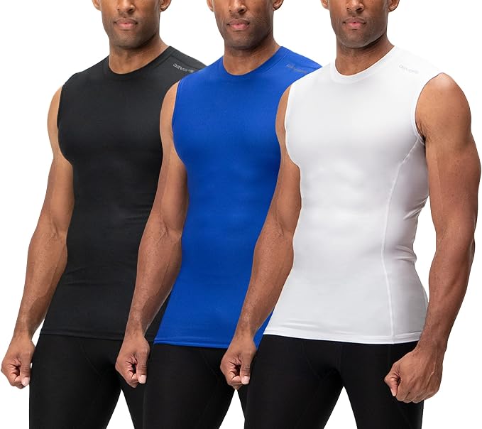 DEVOPS 3 Pack Men's Compression Shirts Sleeveless Tank Top Baselayer | Gym Training, Running, Moisture Wicking, Compression Fit, 4-Way Stretch, UPF 50+, Sleeveless