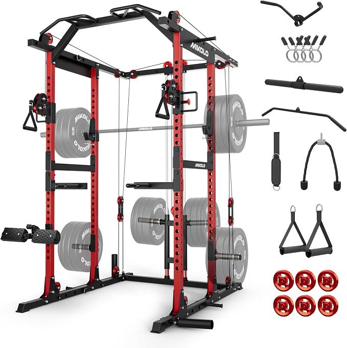 Mikolo K6 2.0 Power Cage, Power Rack with Cable Crossover System, 2000LBS Squat Rack with LAT Pull Down System, Functional Trainer with Aluminum Pulley System for Home Gym