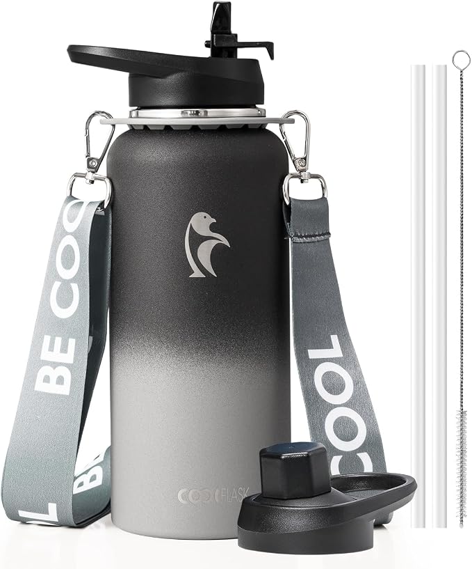 Coolflask 32 oz Water Bottle Insulated Stainless Steel with Strap | Metal Water Flask with Straw & Spout Lids, Triple-Wall, Cold 48+h, Dishwasher Safe, Leakproof, BPA-Free, for Gym & Hiking