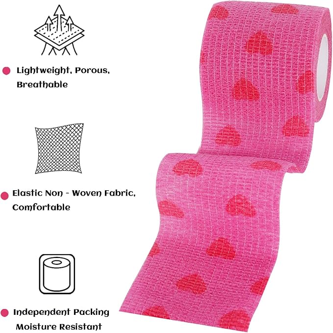 24 Rolls Elastic Self Adhesive Bandage Wrap 2 inch, Breathable Non Woven Cohesive Bandage, Vet Wrap for Dogs, Ankle Sprains Swelling Tape, Sports Athletic Tape (Pink Heart)