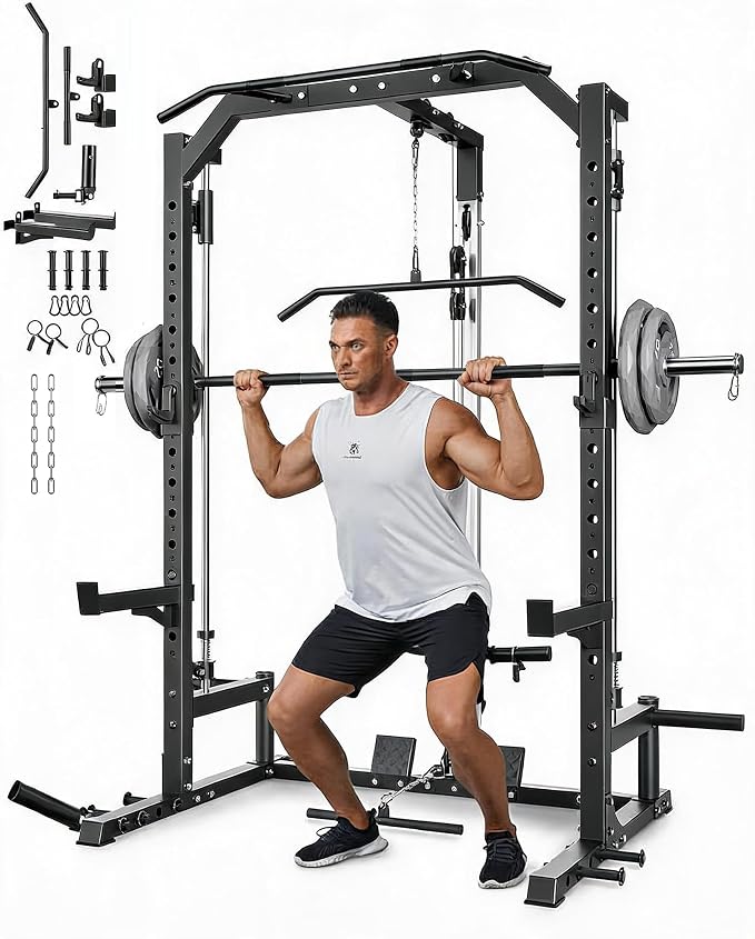 Garvee Smith Machine Home Gym - Multi-Functional Squat Power Rack with Barbell Bar, Cable System, LAT Pulldown, Safety Spotter Arms, J Hooks, Landmine - Strength Training Equipment for Home | With Barbell Bar, Cable System, LAT Pulldown, Safety Spotter...