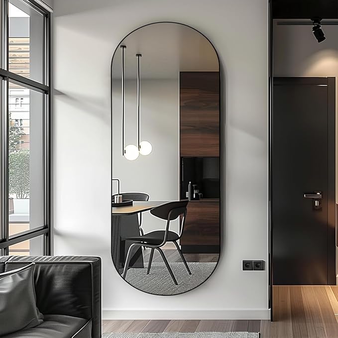 ZHUNFA Arched Full Length Floor Mirror, 64×21 Oval Full Floor Mirror | Large Wall Mounted Arched-Top Body for Living Room, Bedroom, Bathroom, Entryway, Dressing Room, black