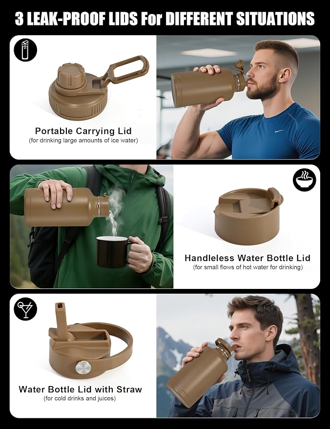 Tactical Half Gallon Water Bottle with Straw, 64 Oz Insulated Water Jug with Molle Water Bottle Holder, Stainless Steel Sport Bottle with 3 BPA Free Lids for Gym Workout Hiking (64oz-Brown)