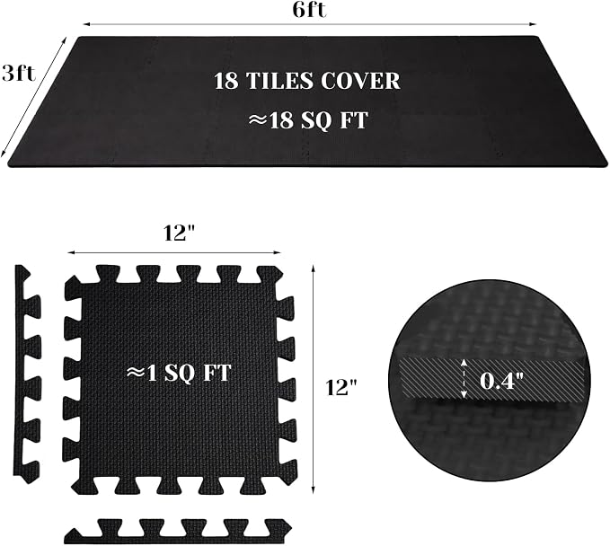 18 PCS Floor Mats for Home Gym, 3x6 Feet High-Density Interlocking Foam Floor Mats 0.4"(10mm Thick) Puzzle Tiles Mat for Workouts, Exercise, Play, Yoga, Cardio, Weights (Black)