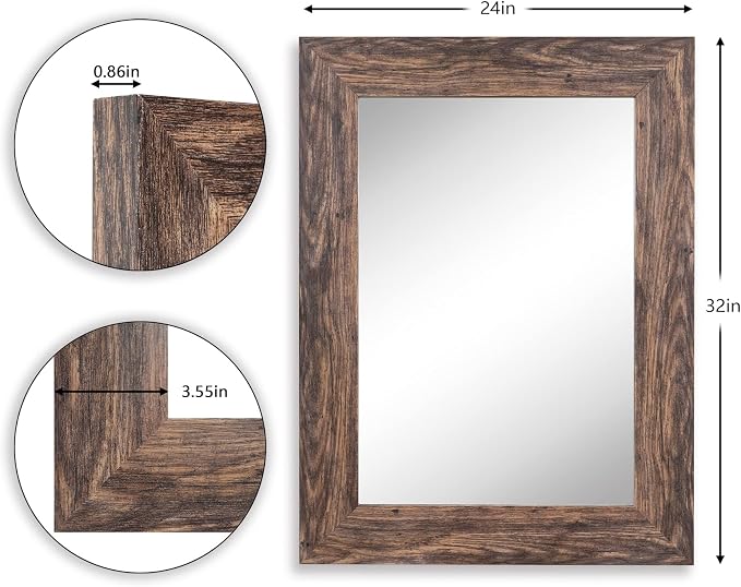 Syndra Wood Mirror with Frame, Rustic 24X32 Inch Wall Mounted Vanity Mirror with Large Wood Frame, Farmhouse Bathroom Mirror for Bedroom, Living Room, Entryway Wall Decor(Teak)