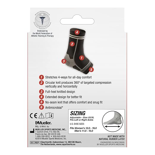MUELLER Sports Medicine 4-Way Stretch Ankle Support Sleeve, Ankle Pain Relief Support for Men and Women, Ideal for Sprains, Strains, Arthritis, Black, Large/X-Large
