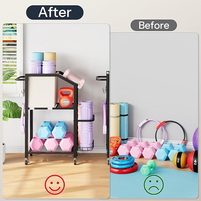 HOOBRO Dumbbell Rack, Weight Rack for Dumbbells, Yoga Mat Storage Rack, Home Gym Storage Rack for Dumbbells Kettlebells Foam Roller, Workout Storage Organizer with Wheels & Hooks