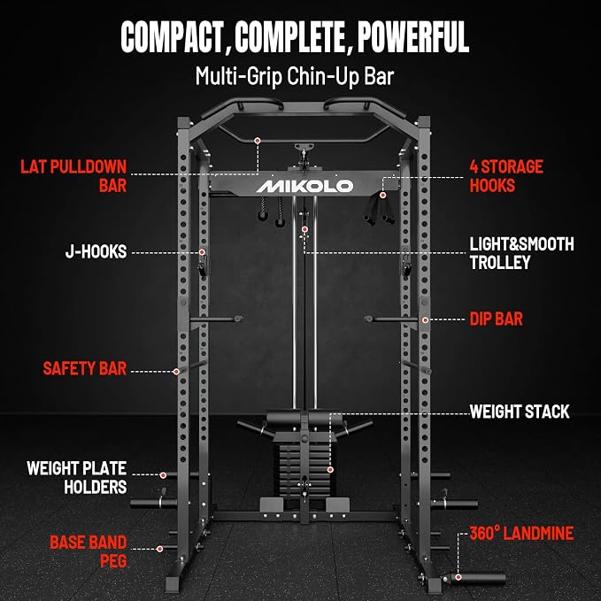 Mikolo F4 2.0 Power Cage with Dual-Track Smooth Pulley System, 1200LBS Power Rack with Leg Hold-Down for Heavy LAT Pulldowns