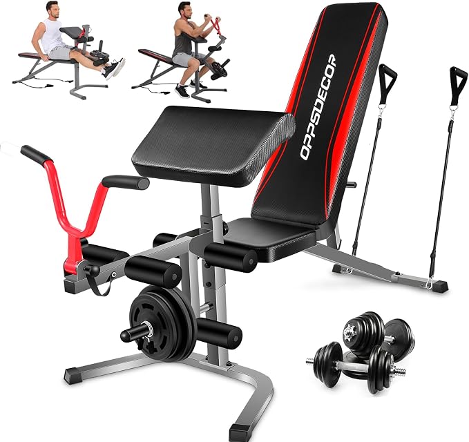 OPPSDECOR Adjustable Weight Bench with Leg Extension & Preacher Curl Bench | Bench with Leg Extension & Leg Curl , Incline/Decline/Flat , 900LBS Capacity Workout Bench for Home Gym Strength Training