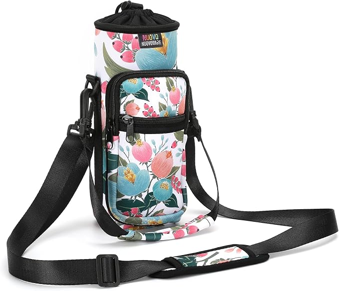 Nuovoware Water Bottle Carrier Bag, 25oz/32oz, Rosebush pink | Adjustable Shoulder Hand Strap, 2 Pocket, Neoprene Sleeve, For Hiking Travelling Camping