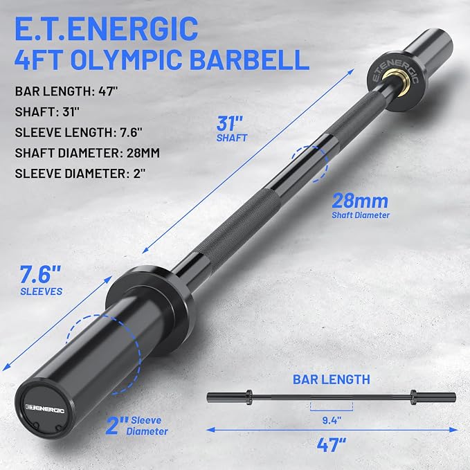 4FT Chrome Steel Olympic Barbell, 500LB | 20LB compact bar with 28mm knurled grip, bearing sleeves, 7.6-inch loadable length, and 2-inch plate fit
