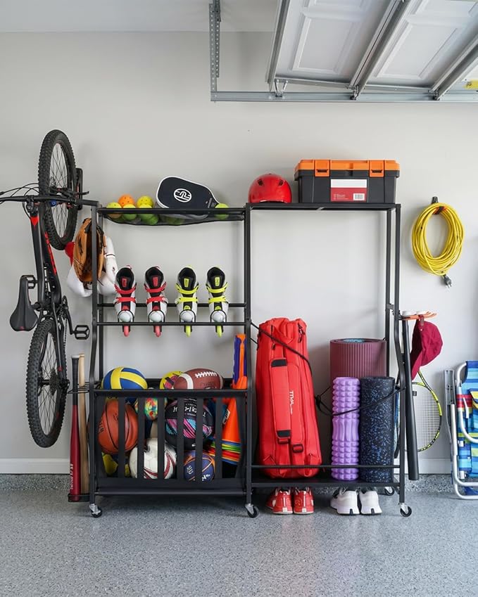 EXTCCT Garage Sports Equipment Organizer with Wheels - Golf Bag Storage Rack and Ball Storage Bins, Heavy Duty Rolling Garage Organizer System with Basket and Hooks for Indoor (Black-Large)