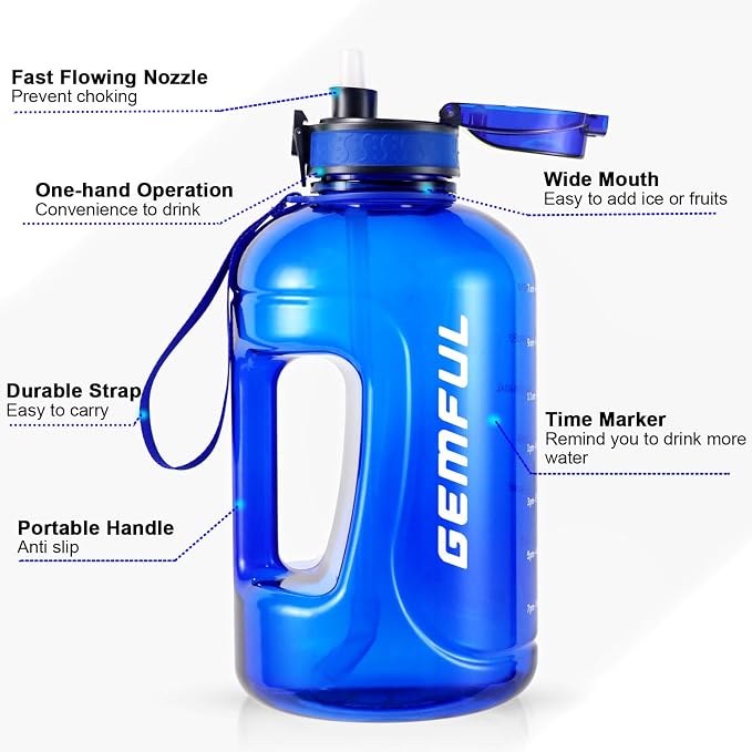 GEMFUL 3L Water Bottle with Straw & Handle BPA-Free Gym Jug (Royal Blue) | Leak-proof, 100oz Large Capacity, Time Marker Tracks Daily Intake, Wide Mouth, for Hiking, Office, Sport, Fitness
