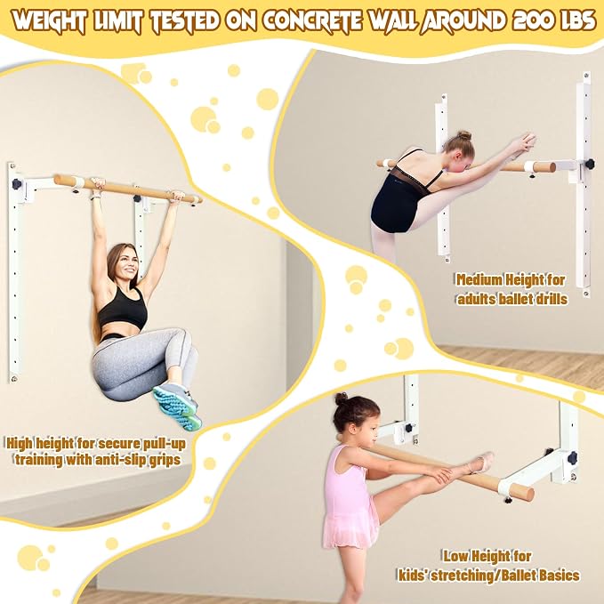 Seliyoo Ballet Barre Wall Mount,Height Adjustable Dance Bar | 4 FT /5FT Portable Solid Beech Wood Bar,Ballet Stretching and Barre Workout, Kids and Adults, Easy Install