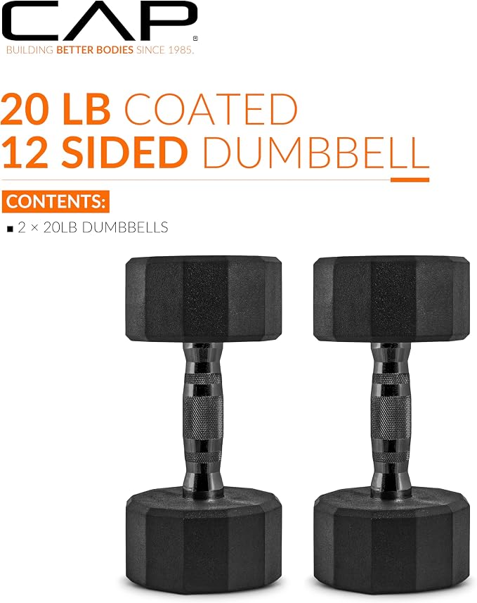 CAP Rubber Coated Dumbbell Weights, Free Weights for Home Gym Strength Training, Anti-Roll Hex Dumbbells with Black, Chrome & Comfort Grip Handles, Pairs & Sets