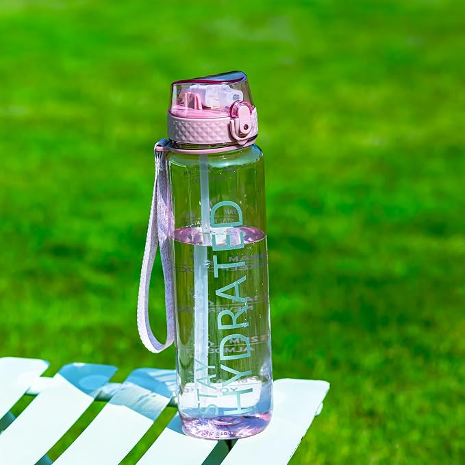 GOPPUS 32oz Clear Water Bottle with Straw & Time Marker, BPA-Free Tritan Leakproof Sports Water Bottle, Wide Mouth for Gym, Travel, Hiking, School & Office