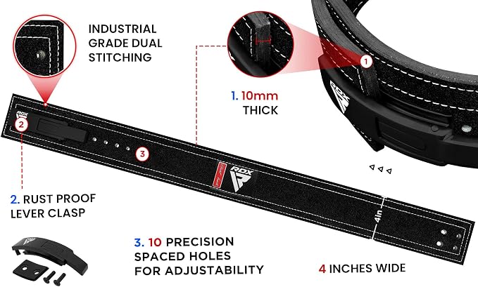 RDX Weight Lifting Belt Powerlifting, Approved By IPL and USPA, 10mm Thick 4" Leather Lumbar Back Support, Lever Buckle Gym Strength Training Equipment, Bodybuilding Deadlifts Squats Workout Men Women