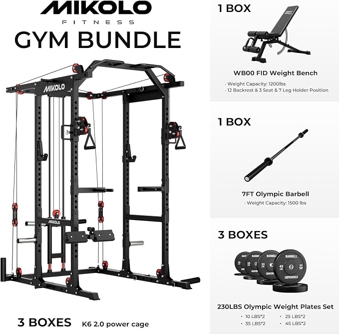 Mikolo K6 2.0 Power Cage, Power Rack with Cable Crossover System, 2000LBS Squat Rack with LAT Pull Down System, Functional Trainer with Aluminum Pulley System for Home Gym