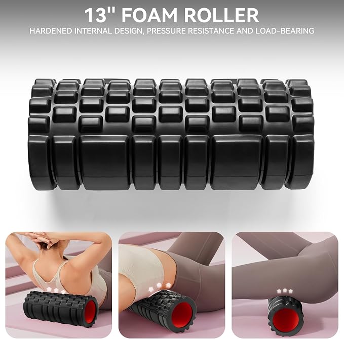 Krightlink 5-in-1 Foam Roller Set High Density Deep Tissue Muscle Massage | Muscle Recovery Kit Exercise Roller, Massage Ball, Resistance Band & Carry Bag for Physical Therapy & Pain Relief Black