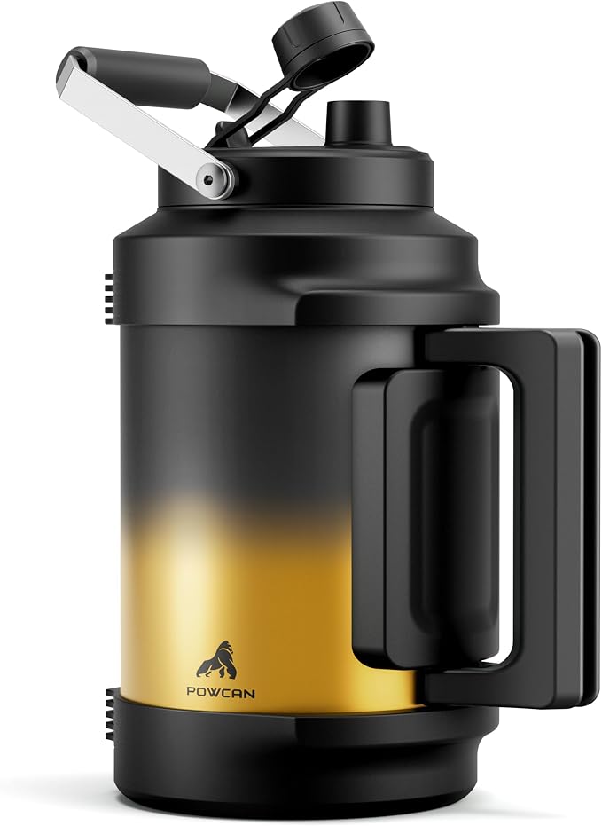 POWCAN 128 oz Insulated Water Bottle: 2-in-1 Straw Spout Lid, Dual Handle, Leakproof, Keep Cold 48H, Gallon Stainless Steel Water Jug for Camping, Travel, Gym, Hydration, Fitness, Daily (King)