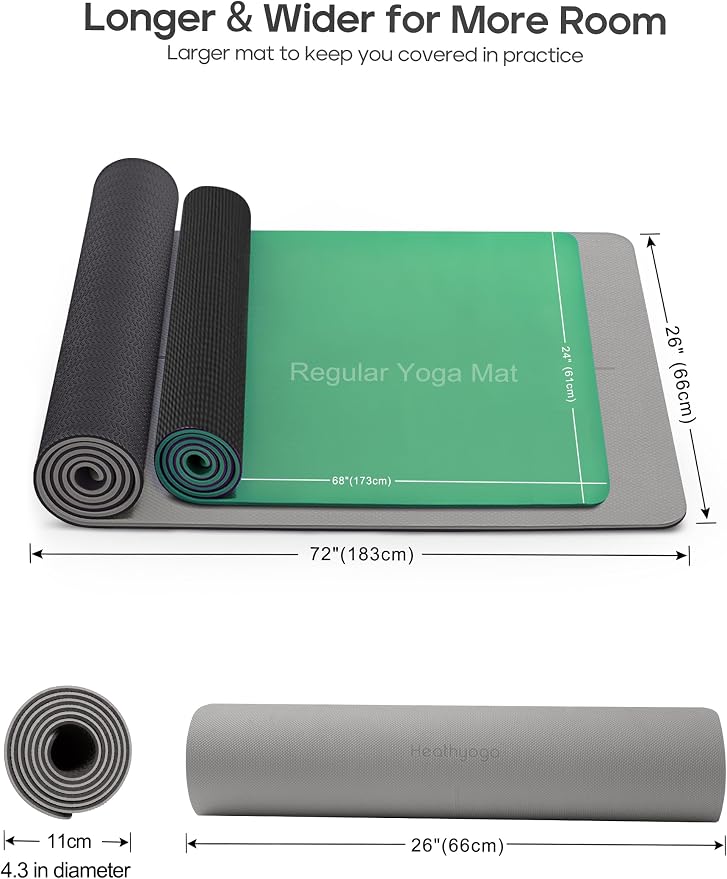 Heathyoga Yoga Mat Non Slip TPE Pilates Exercise Mats for Home Workout Gym Fitness Eco Friendly Thick Hot Yoga Mat with Strap Body Alignment,72"x 26" Thickness 1/4"