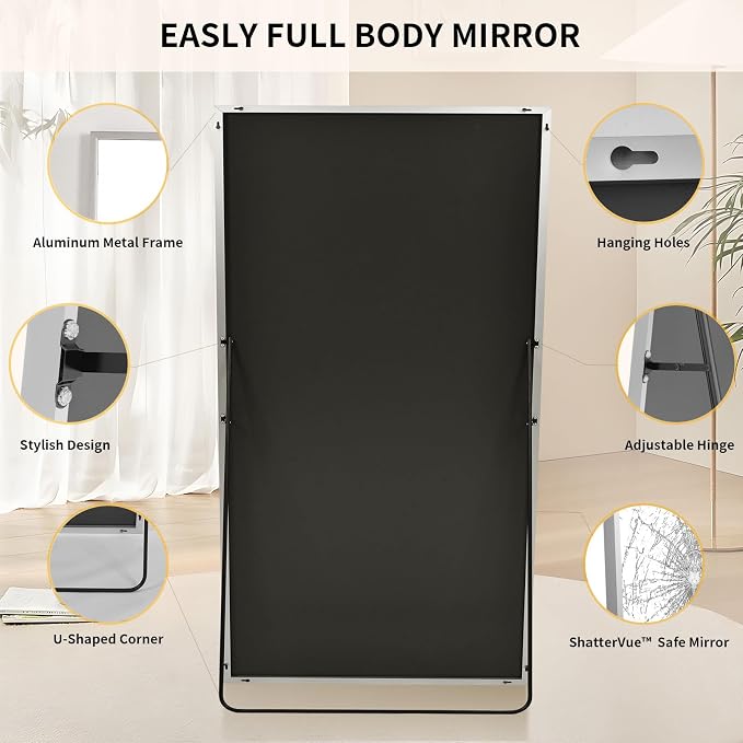 Easly 40"X86" Full Length Mirror with Stand, Silver Large Floor Mirror | Rectangular Full Body Mirror for Bedroom, Living Room or Closet, Wall-Mounted or Freestanding, Aluminum Alloy Frame
