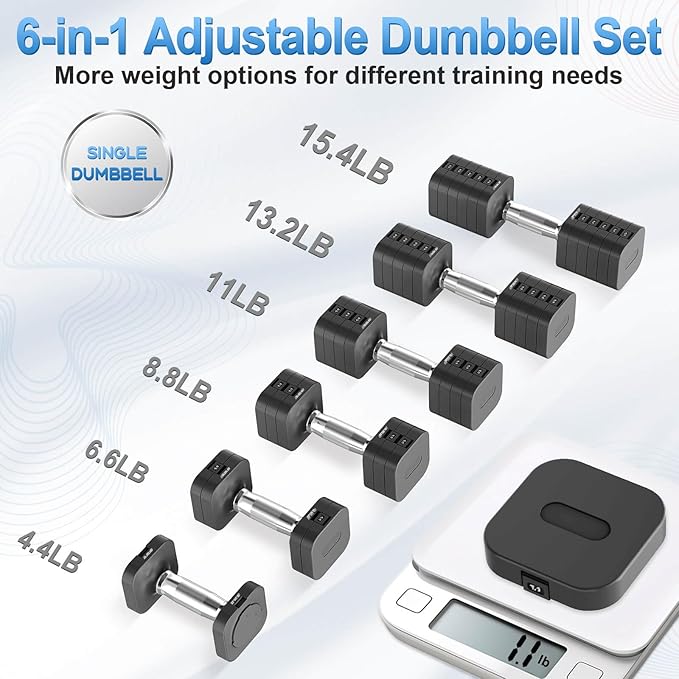 Hezeyferg 30.8LB Adjustable Dumbbell Set, Hand Weights Set for Home Gym | Each Adjustable Weight Dumbbell with 6 Levels 4.4/6.6/8.8/11/13.2/15.4lb, for Women/Men Full Body Workout