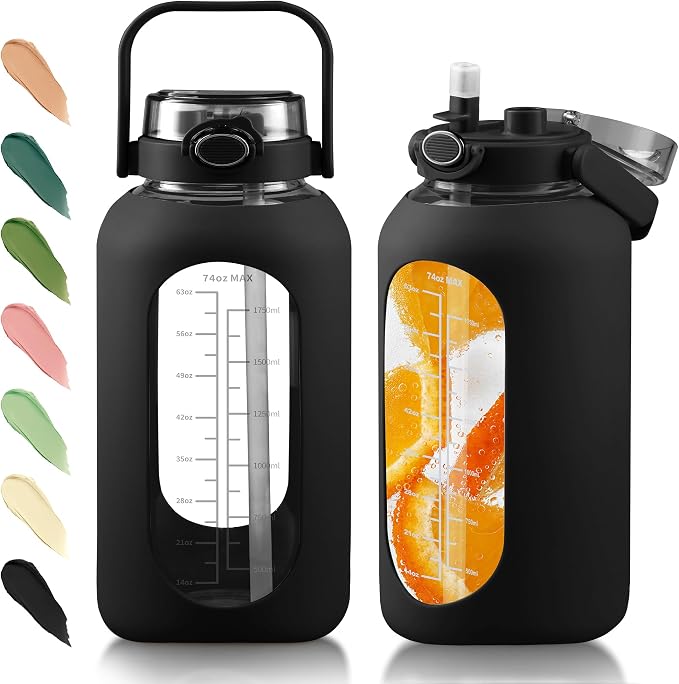 74 oz Glass Water Bottle with 2-in-1 Straw Lid Large Gallon Water Bottle with Time Marker & Removable Silicone Sleeve,Wide Mouth BPA-Free Borosilicate Bottle for Gym, Workout & Daily Use