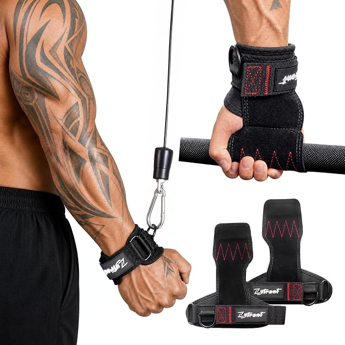 Weight Lifting Grips with D-Ring, Leather Palm and Wrist Support | Grip support for pulling workouts, less palm strain, D-ring cable options, padded wrist support