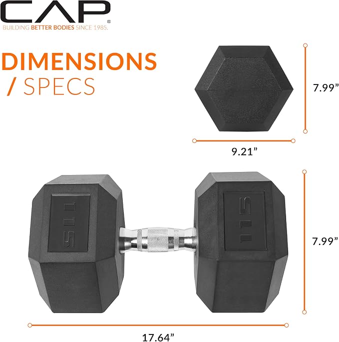 CAP Rubber Coated Dumbbell Weights, Free Weights for Home Gym Strength Training, Anti-Roll Hex Dumbbells with Black, Chrome & Comfort Grip Handles, Singles