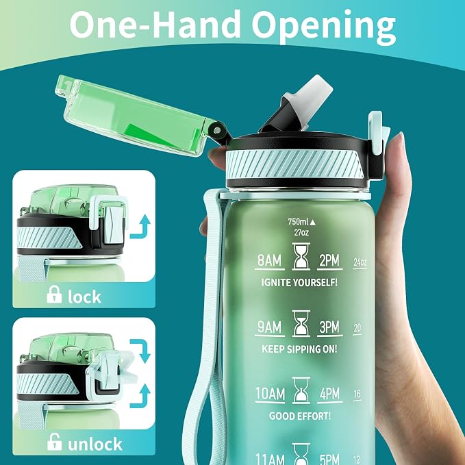 QLUR Water Bottle with Straw, 27oz Motivational Water Bottles with Time Marker to Drink, Tritan BPA Free, 750ml Sports Water Bottle with Carry Strap LeakProof for School Fitness Outdoor (1Pack)