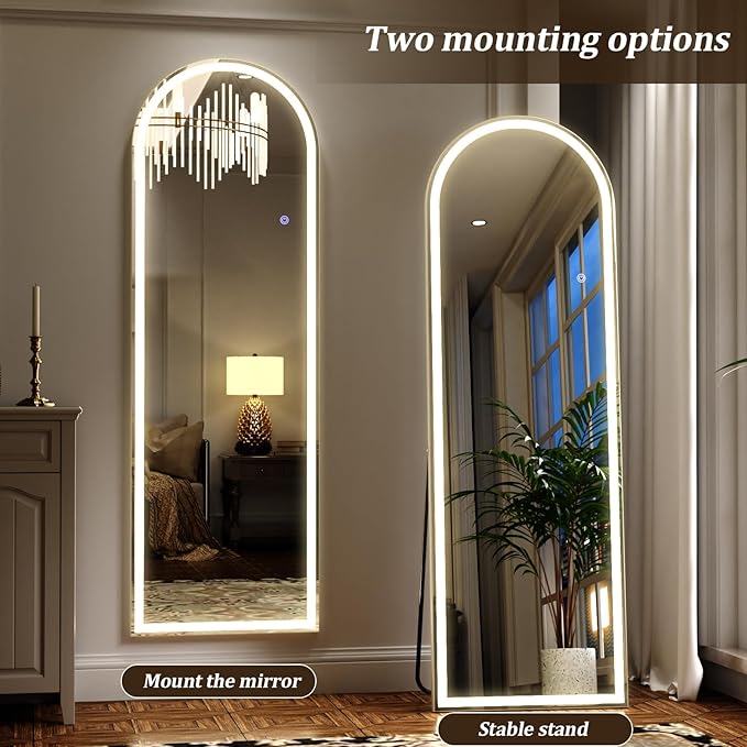 LED Arched Full Length Mirror with 3 Color Lighting 63"x20" | Floor Mirror with Dimming Aluminum Frame Standing Leaning or Hanging for Bedroom Cloakroom White
