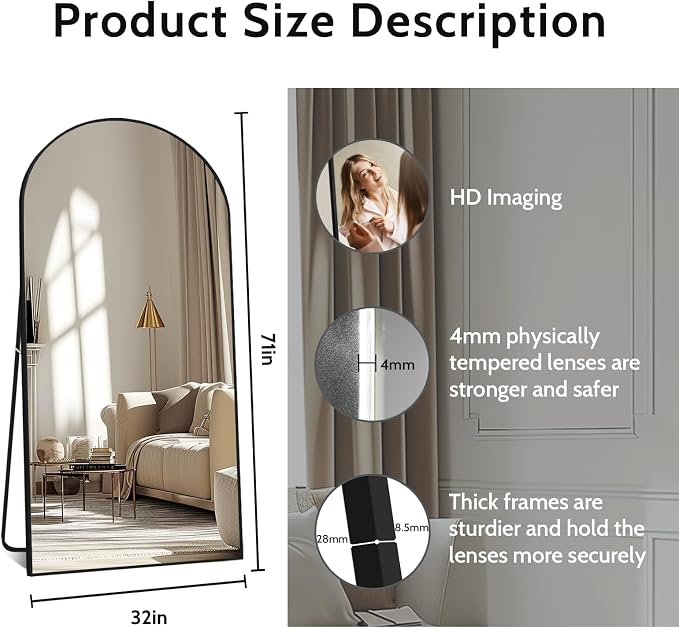 Beauty4U 71" x 32" Arched Full Length Mirror with Stand, Black Floor Mirror | Large Standing, Leaning, or Wall-Mounted Tempered Full Body Mirror with Metal Frame for Bedroom, Closet, Modern Home Decor