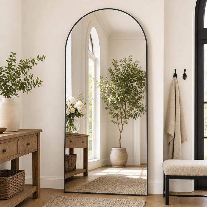 Arched Full Length Mirror 69"x25" Leaning Hanging Decor Black | Standing Body Mirror with Aluminum Frame for Bedroom Cloakroom Living Room Make-up Gift