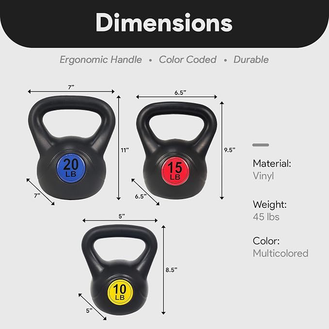 BalanceFrom Vinyl Kettlebell Set, 30/45/50/75 Pound Options – Cement-Filled Strength Training Weights with Ergonomic Grip and Color Coding for Full Body Fitness at Home or Gym