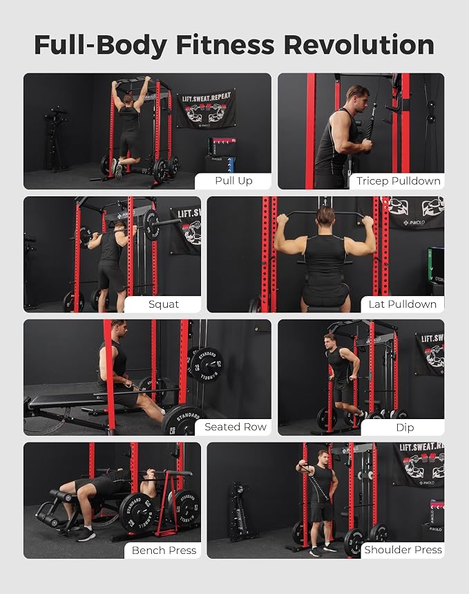 Mikolo F4 2.0 Power Cage with Dual-Track Smooth Pulley System, 1200LBS Power Rack with Leg Hold-Down for Heavy LAT Pulldowns