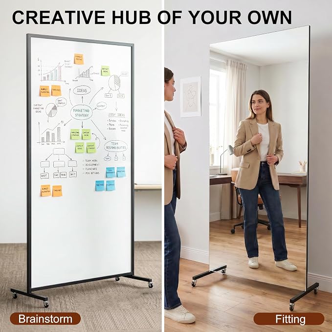 brisafe 72"x35" Rolling Full Length Mirror & Magnetic Whiteboard, 2-in-1 Reversible Standing Mirror with Shatterproof Tempered Glass, Space-Saving Dry Erase Board on Wheels for Home Office & Bedroom
