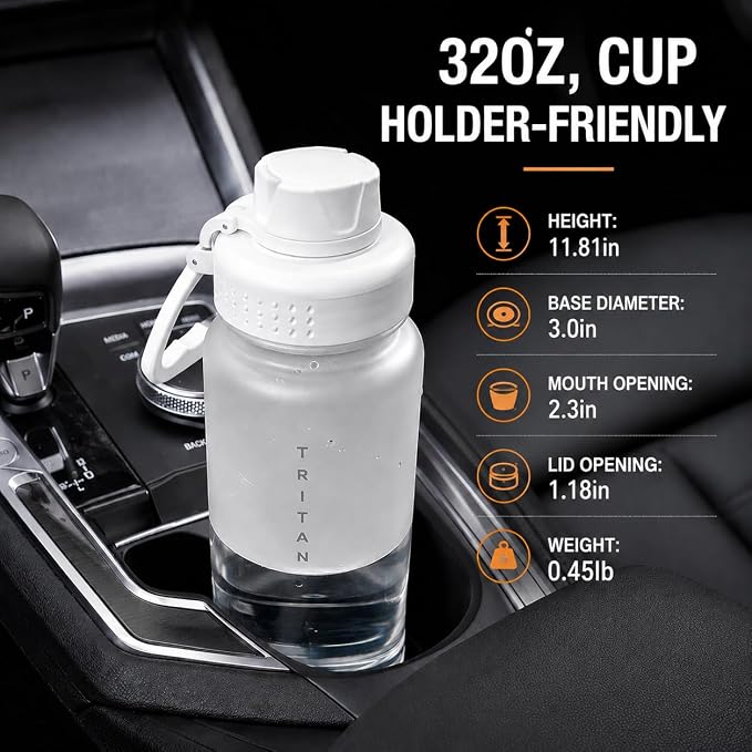 OLDLEY 32oz Water Bottle with Handle, BPA-Free Tritan Reusable Sports Water Bottle with Leak-Proof Dust Lid, Wide Mouth, Cup Holder Friendly, Half Frosted Clear Bottle for Gym,Travel, Work,Pure White