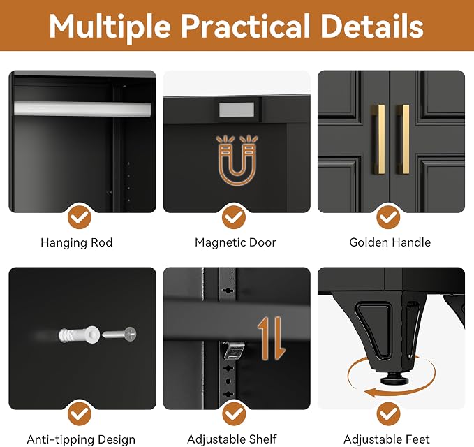 Polup Metal Armoire Wardrobe Closet, 71" Tall Wardrobe Cabinet with 2 Doors | Heavy Duty Steel Clothing Storage Cabinet with Hanging Rod & 3 Adjustable Shelves for Bedroom, Office, Broom Closet, Black