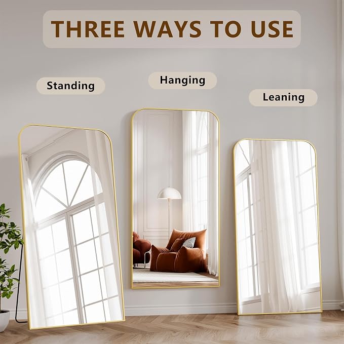 Koonmi Full Length Mirror, 71"x28" Mirror Full Length with Stand | Domed Top Square-Edged ShatterProof Floor Mirror with Gold Aluminum Alloy Frame for Bedroom Living Room Home Gym