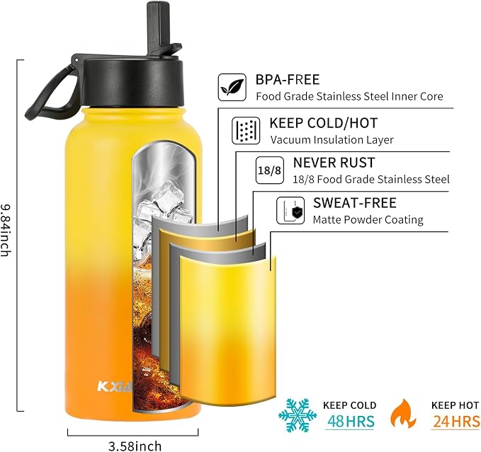 KXIAOCHEN Insulated Water Bottle with Strap, 48-Hour Cold, 2 Lids | Triple-wall insulation, lead-free 18/8 Stainless steel, paracord handle, carabiner clip, for gym, hiking, camping and travel