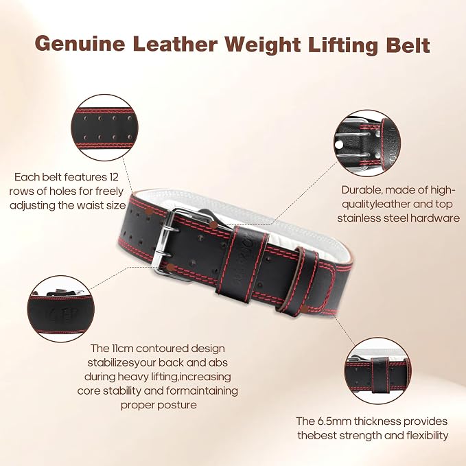Genuine Leather Weight Lifting Belt for Men Double Prong Power Belt Heavy Duty - Strong, Stabilizing Back Support for Deadlifts, Squats Powerlifting